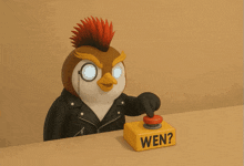a cartoon penguin with red eyes is pressing a button that says wen