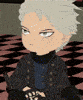 a cartoon character is sitting on a checkered floor in a room .