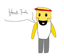 a drawing of a roblox character with a speech bubble that says hawk tuah .
