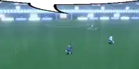 a soccer game is being played on a field with a speech bubble in the middle .