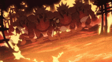 a cartoon drawing of a group of monsters in a forest on fire