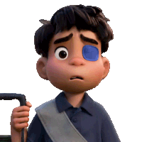 a cartoon boy with a blue patch on his eye is holding a cane