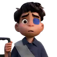 a cartoon boy with a blue patch on his eye is holding a cane