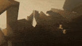 a computer generated image of a cliff with a few candles in the foreground