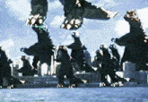 a group of monsters are rollerblading on a sunny day