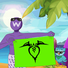 a cartoon character with a w on his head holding a green sign