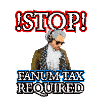 a man wearing headphones holds up his hand in front of a sign that says stop fanum tax required