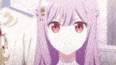 a close up of a girl with purple hair and red eyes with the word ghostsama in the corner