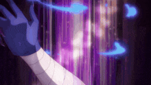 a person 's hand is reaching out towards a purple and blue background