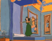 a cartoon of a woman in a green dress holding a hammer in a room with pictures on the wall .