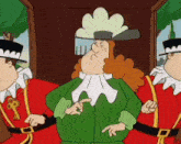 a cartoon of a man wearing a green jacket and a white collar pointing at something .