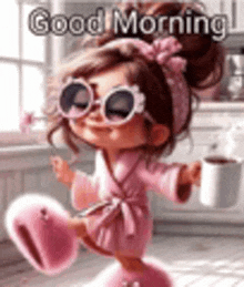 a little girl in a pink robe and sunglasses is holding a cup of coffee and a cup of tea .