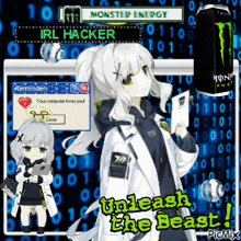 a girl with white hair is standing next to a monster energy drink