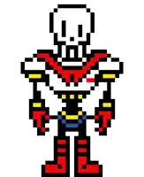 papyrus from undertale is a pixel art character with a skull on his head and a red scarf around his neck .