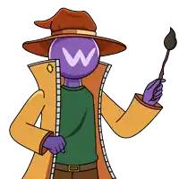 a cartoon character with a purple head has the letter w on his hat