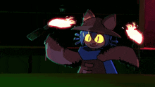 a cartoon drawing of a cat with yellow eyes holding a flamethrower