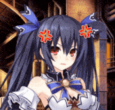 a girl with black hair and red eyes has a sticker on her forehead that says " angry "