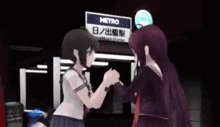 two anime girls shake hands in front of a sign that says metro