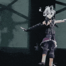 a cartoon character is dancing in a dark room with a shadow of a person behind her