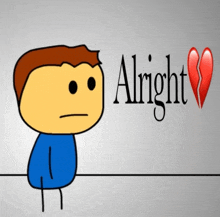 a cartoon character with a broken heart and the words alright