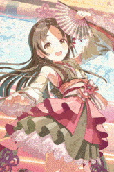a girl with long hair is holding a fan in her hand