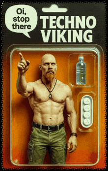 a techno viking action figure with a bottle of water