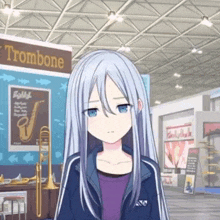a girl with long white hair stands in front of a trombone sign