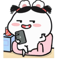 a cartoon character is sitting at a table holding a cell phone and a can of soda .