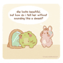 a frog and a rabbit are looking at themselves in a mirror