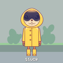 a sloth wearing a yellow raincoat and boots is standing in the rain