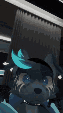 a close up of a furry character 's face in a dark room