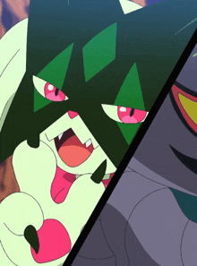 a cartoon drawing of a green monster with pink eyes