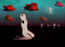 a painting of a bird kneeling in front of a cross and a row of crosses