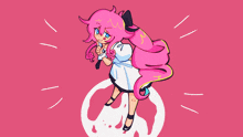 a cartoon drawing of a girl with pink hair holding a microphone