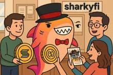 a cartoon of a shark wearing a top hat and holding coins