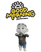 a cartoon character standing in front of a good morning sign