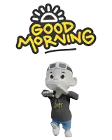 a cartoon character standing in front of a good morning sign