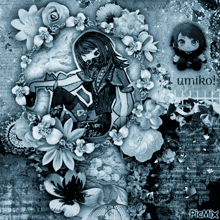 a black and white photo of a girl with flowers and the word umiko