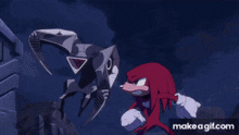 a cartoon of a robot standing next to a red ball with make a gif.com at the bottom of the screen