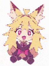 a pixel art drawing of a fox girl with yellow hair and pink eyes