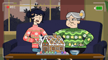 a cartoon of two women making a gingerbread house with a rec button