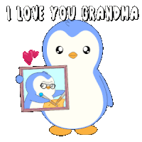 a penguin is holding a framed picture of an older penguin with the words i love you grandma below it