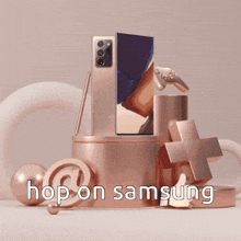 a phone sitting on top of a podium with the words hop on samsung on the bottom