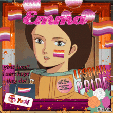 a picture of a girl with a lesbian pride badge on her face