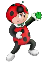 a ladybug is holding a green clover in his right hand