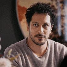 a man with curly hair and a beard is wearing a grey shirt