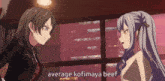 two anime girls standing next to each other with average kofimaya beef written on the bottom