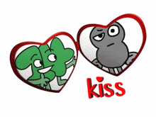 a couple of hearts with cartoon characters and the word kiss