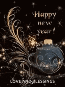 a happy new year greeting card with a feather and a fireworks display .