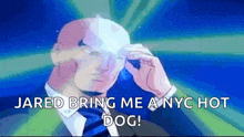a man in a suit and tie is saying jared bring me any hot dog